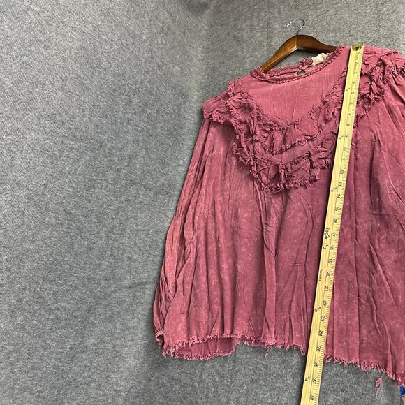 143 Story Maroon Acid Wash Top Sz L Raw Hem Pioneer Renaissance Ruffled Rayon - Picture 6 of 8